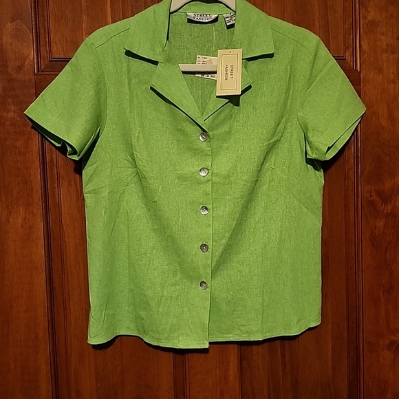 Street Fashion Woman's Sz S Shrt Sleeve Linen Button-Up Y2K top Sprout Green NWT - Picture 8 of 8